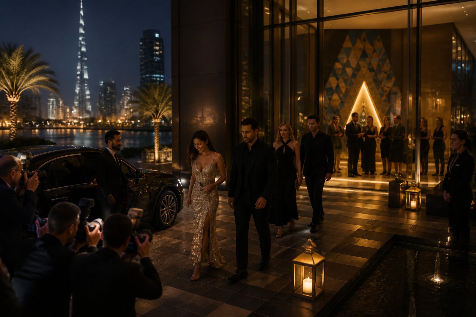 Fictional celebrities arrive at an upscale Dubai venue while photographers watch from nearby.