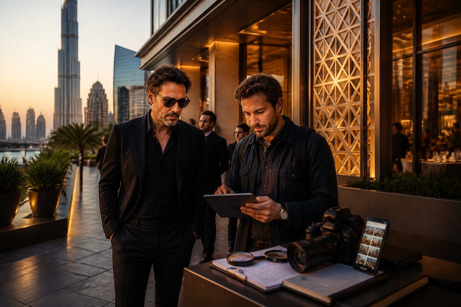 A researcher reviews information on a tablet while a celebrity-like figure walks near a luxury venue in Dubai.