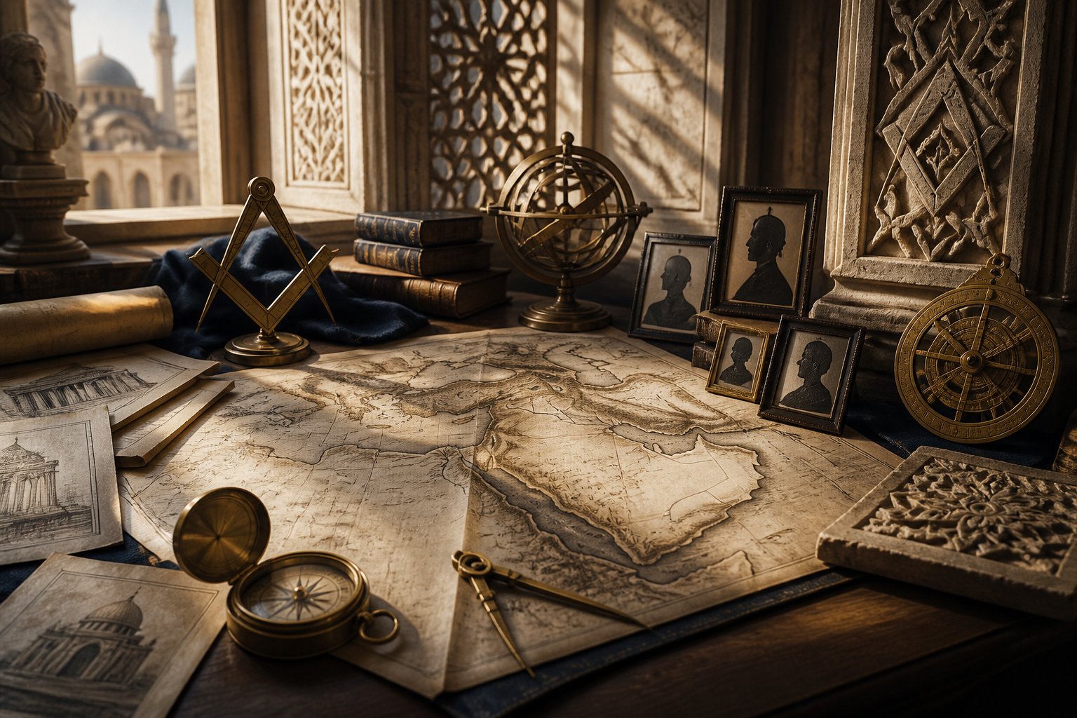 A historical study displays a map of the Middle East, archival portraits, and antique scholarly objects.
