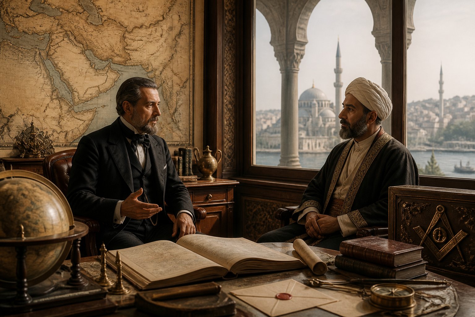 A European statesman and Middle Eastern scholar discuss historical maps and documents in an ornate study.