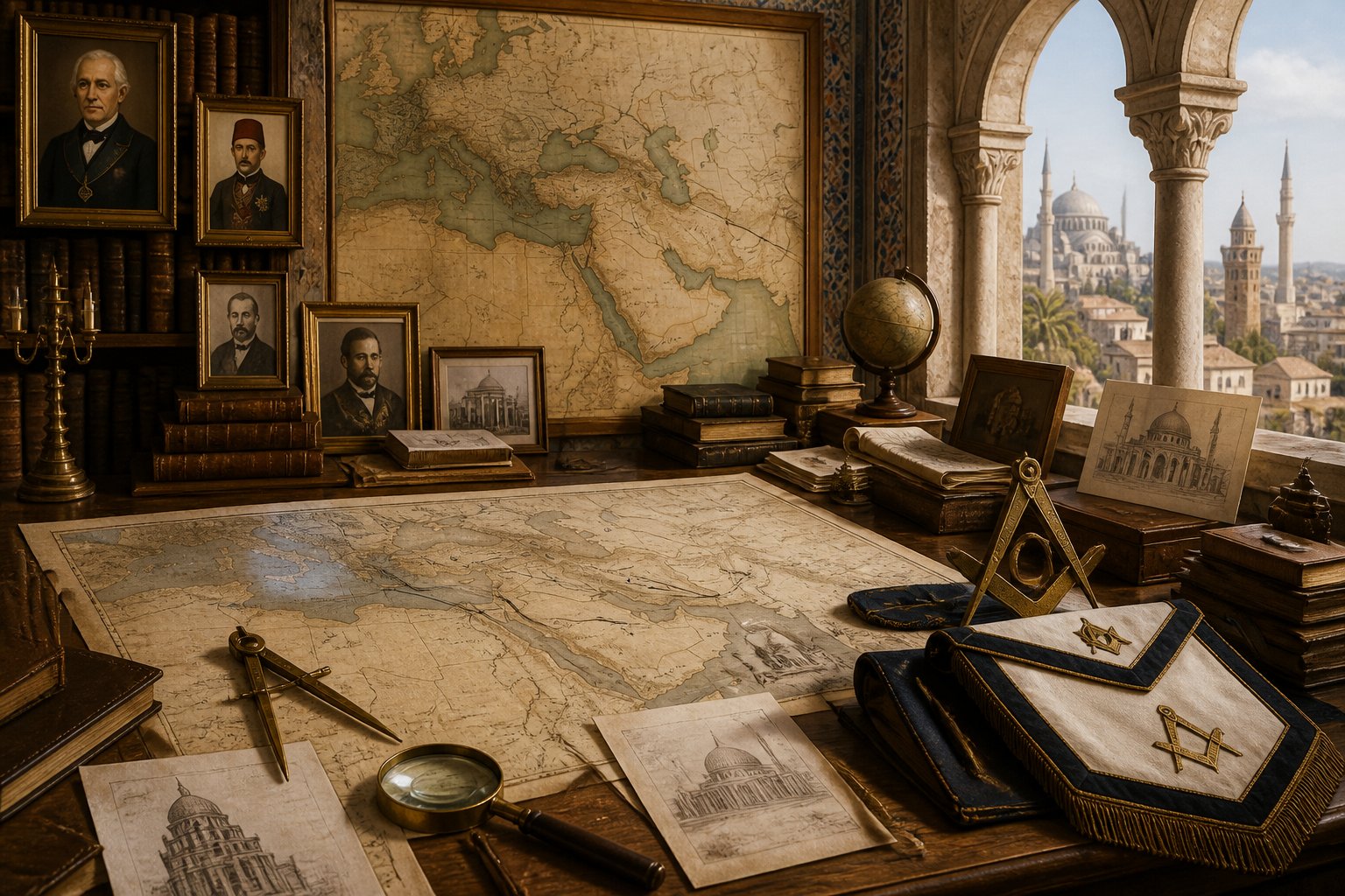 A historical study displays portraits, an antique Middle East map, travel documents, architectural sketches, and discreet Masonic artifacts.