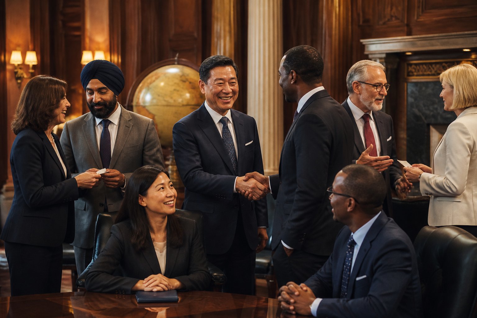 A diverse group of professionals networking and conversing in an elegant meeting room.