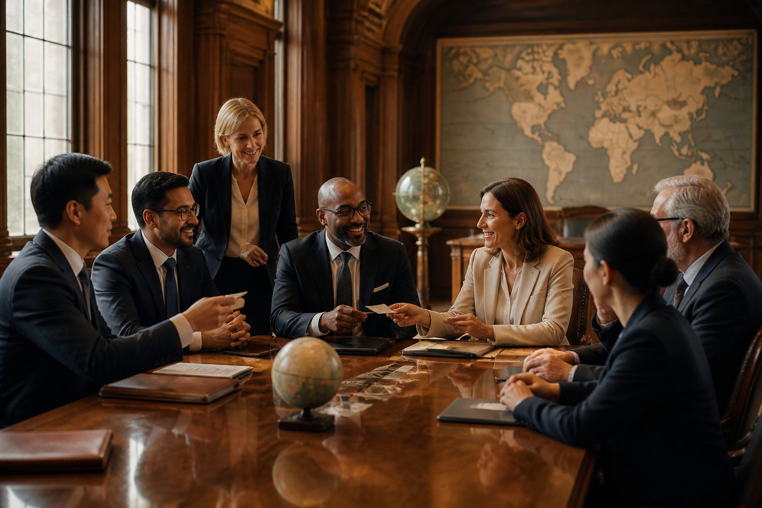 A diverse group of professionals networks around a table in an elegant meeting room with a globe nearby.