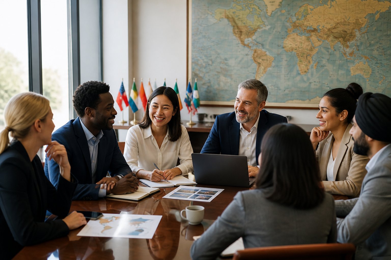 Diverse professionals from different countries building relationships during a collaborative meeting.