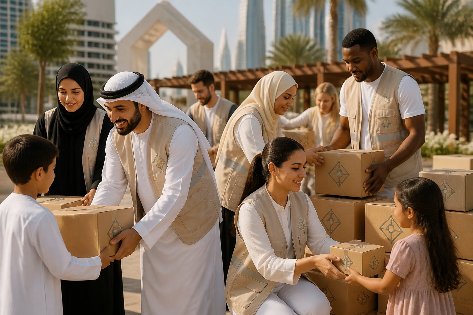 Diverse volunteers work together to distribute supplies and improve a community space in the UAE.