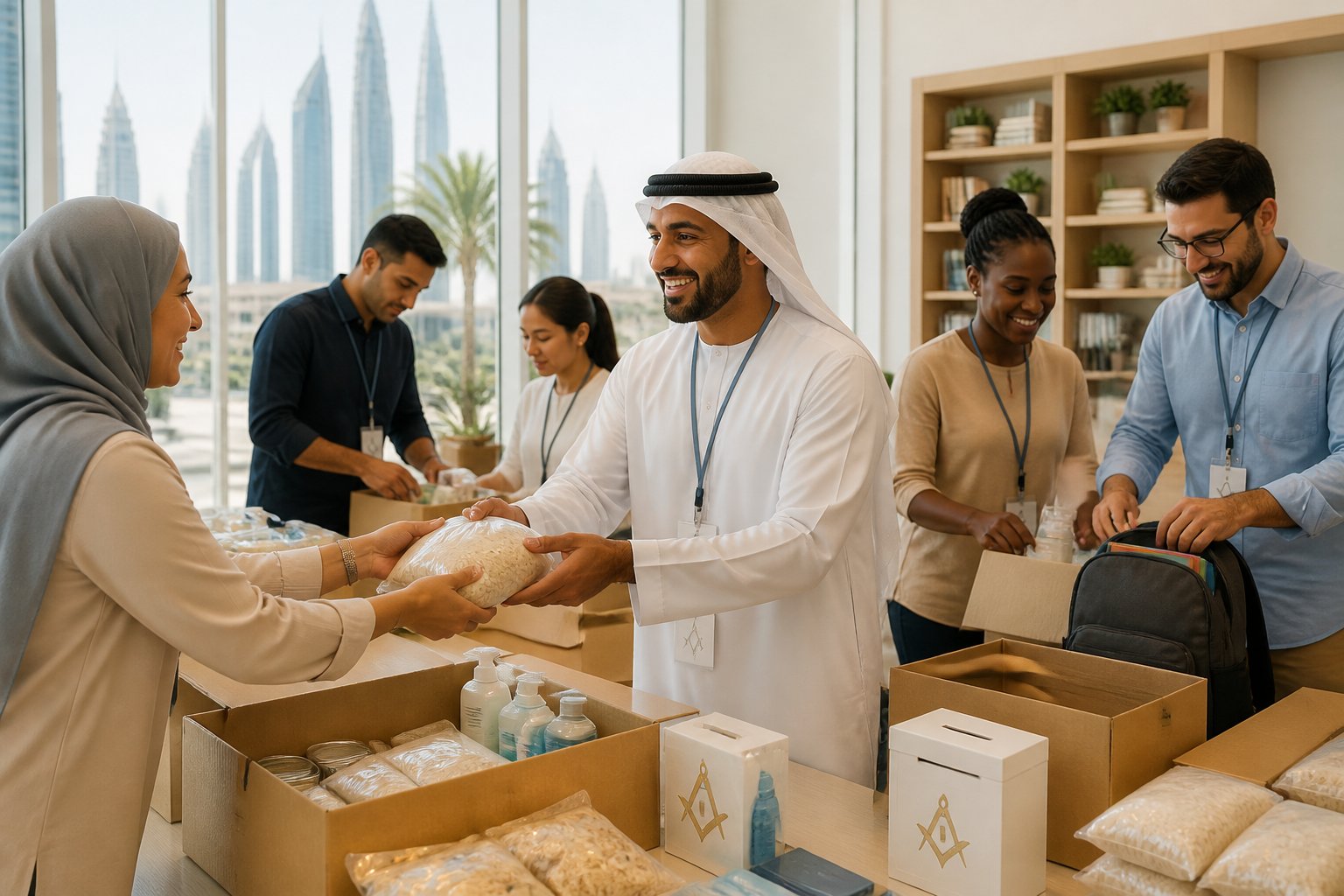 Diverse volunteers organize charitable supplies at a community center in the UAE.