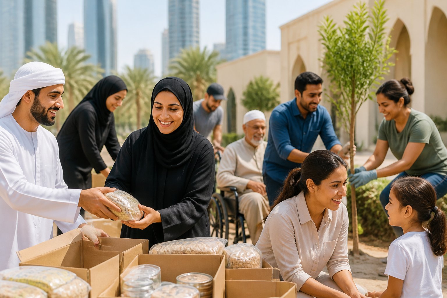 Volunteers work together to distribute supplies and care for a community garden in a UAE public space.