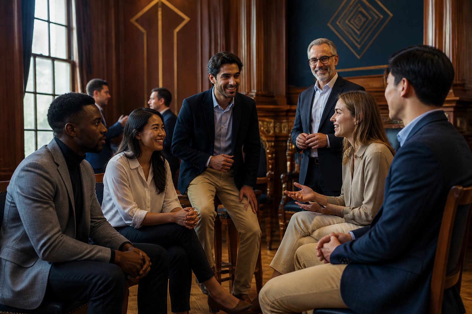 Young professionals network and share ideas in a welcoming historic meeting room.