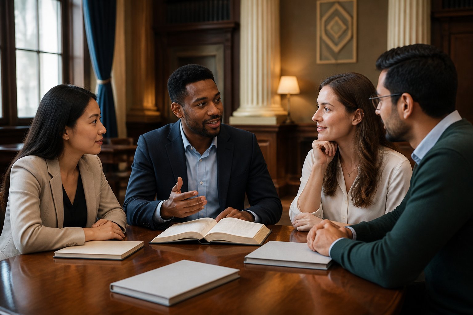 Young professionals discuss membership and personal development around a table in a traditional meeting room.