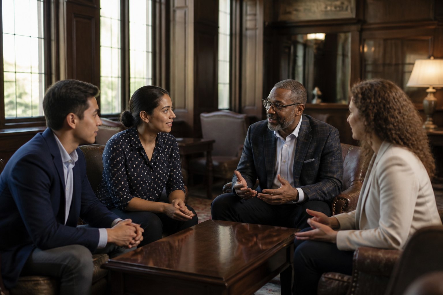Young professionals receive guidance from an experienced mentor during a networking discussion in an elegant meeting room.