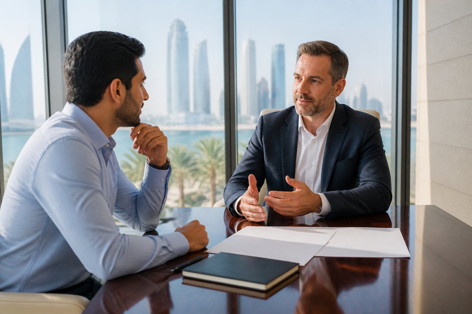 Two professionals discuss membership questions at a table in a modern UAE office.