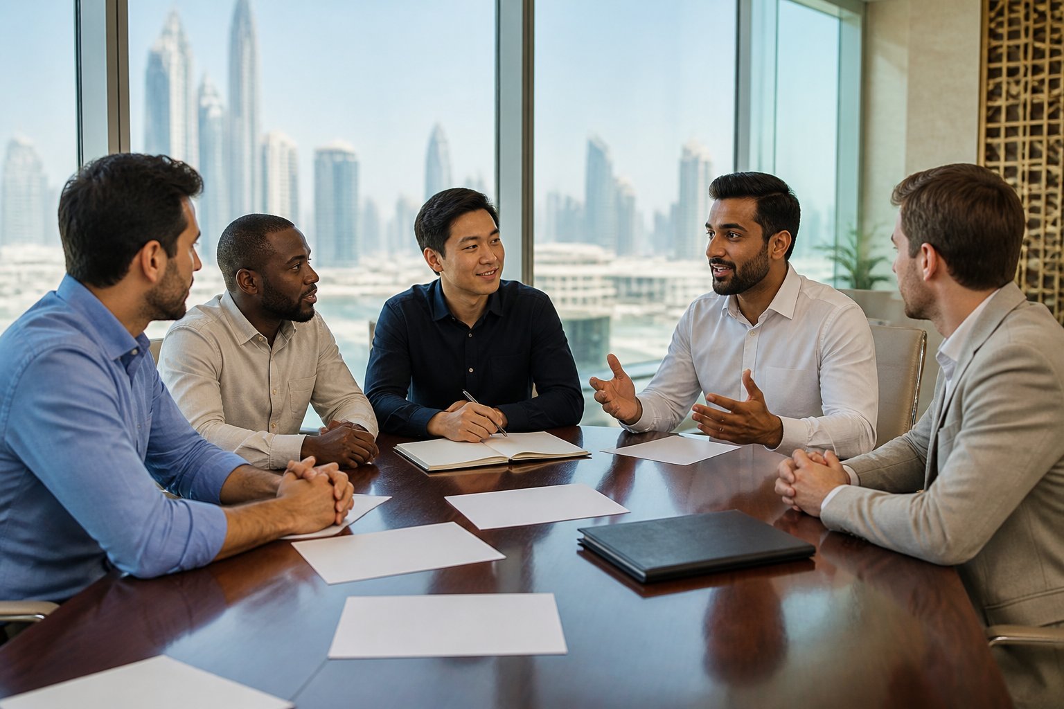 Adults having an informative discussion around a conference table in a modern UAE office.
