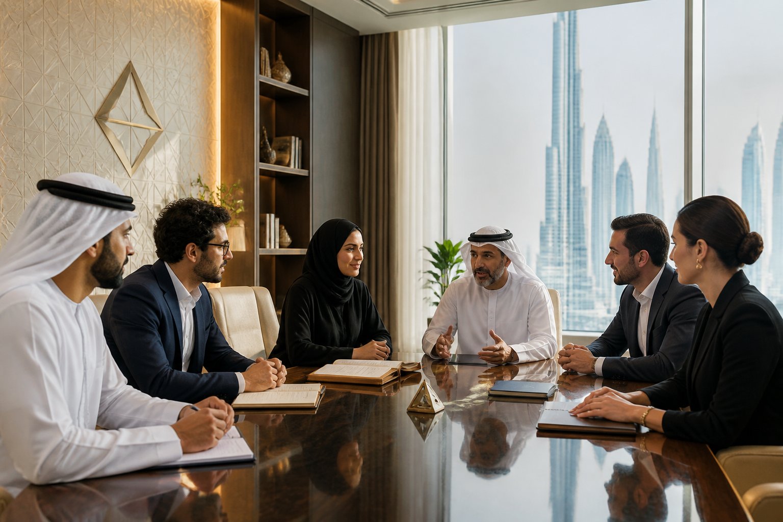 Professionals gathered around a conference table in a modern UAE meeting room for a welcoming discussion.
