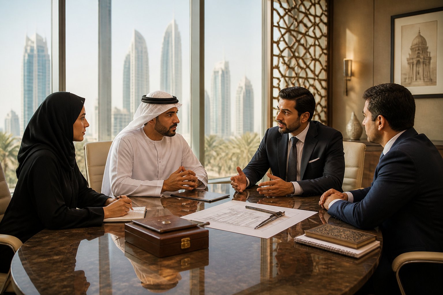 Professionals discuss membership and legal considerations around a conference table in a modern UAE office.