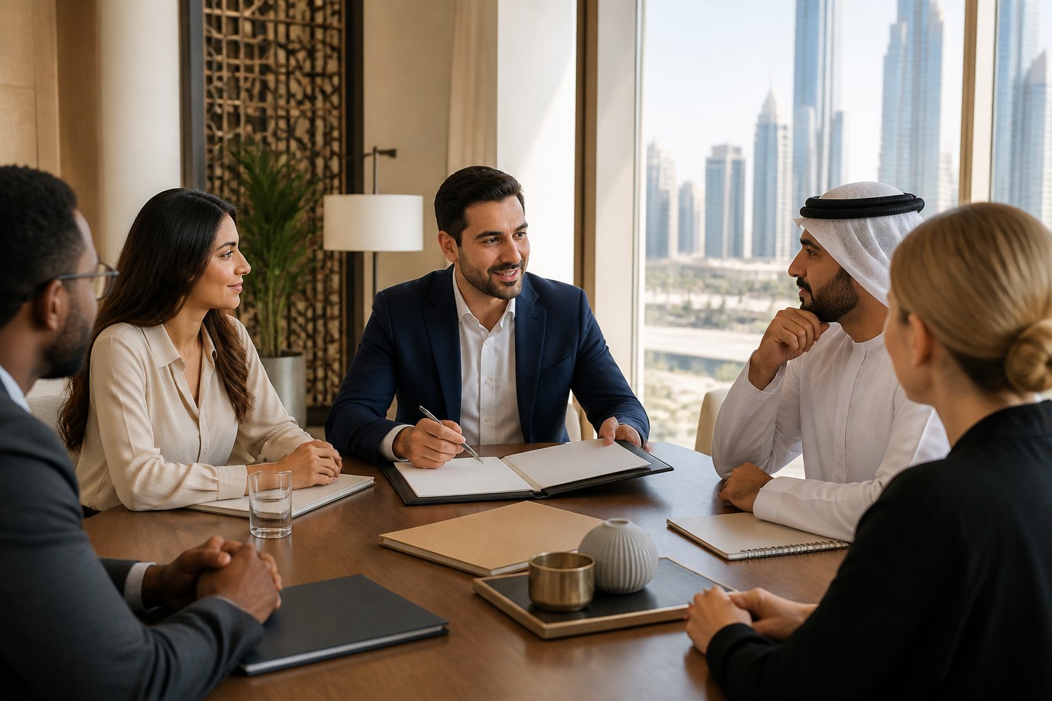 Professionals discuss membership information with a prospective member in a modern UAE meeting room.