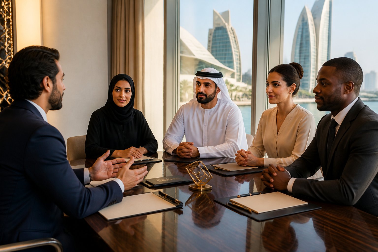 Professionals meet in an elegant UAE office to discuss joining a private organization.