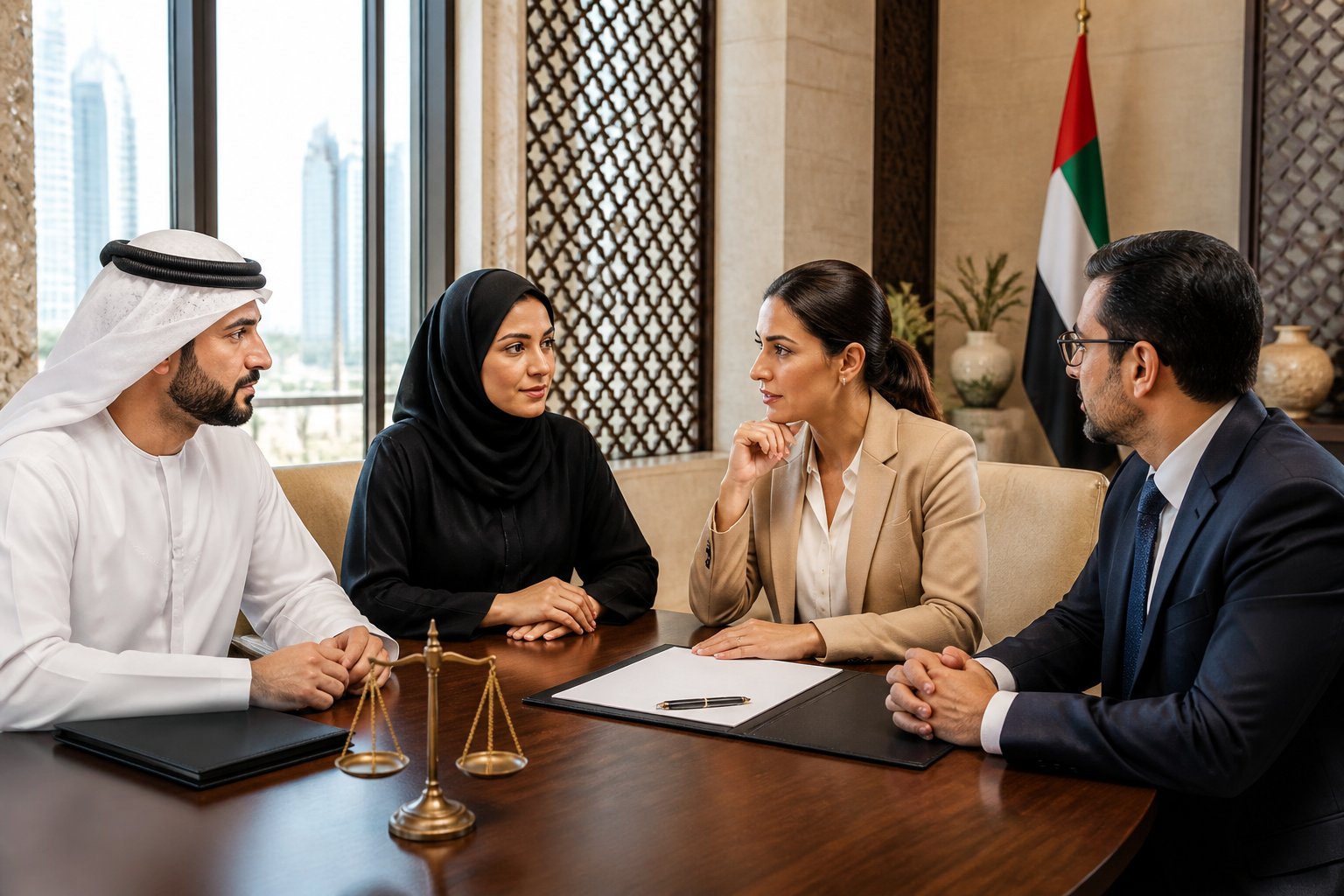 Professionals consult a legal advisor in a modern UAE meeting room about membership requirements and compliance.