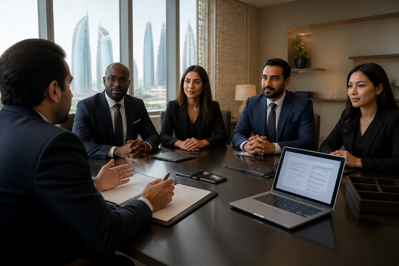 Adults review membership application documents with a representative in a modern UAE office.