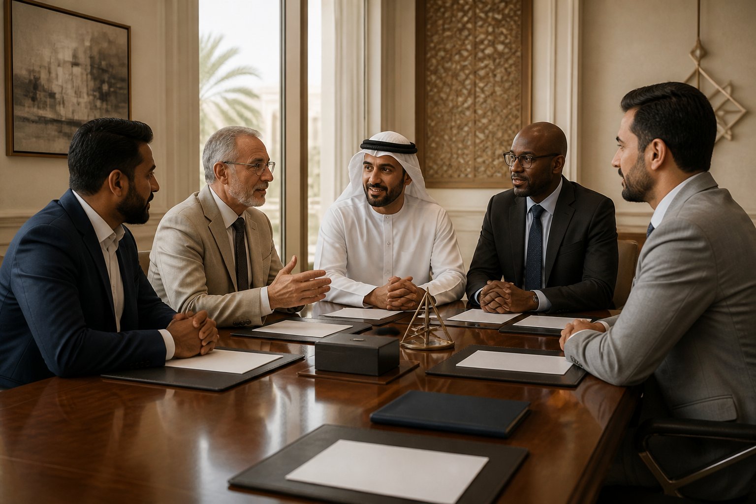 A diverse group of professionally dressed men meeting around a table in a modern UAE interior, welcoming a prospective member.