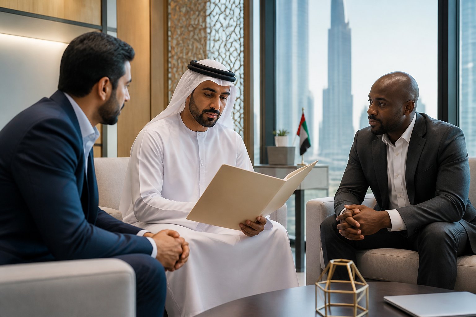 A diverse group of professionals discusses a membership application in a modern UAE office.