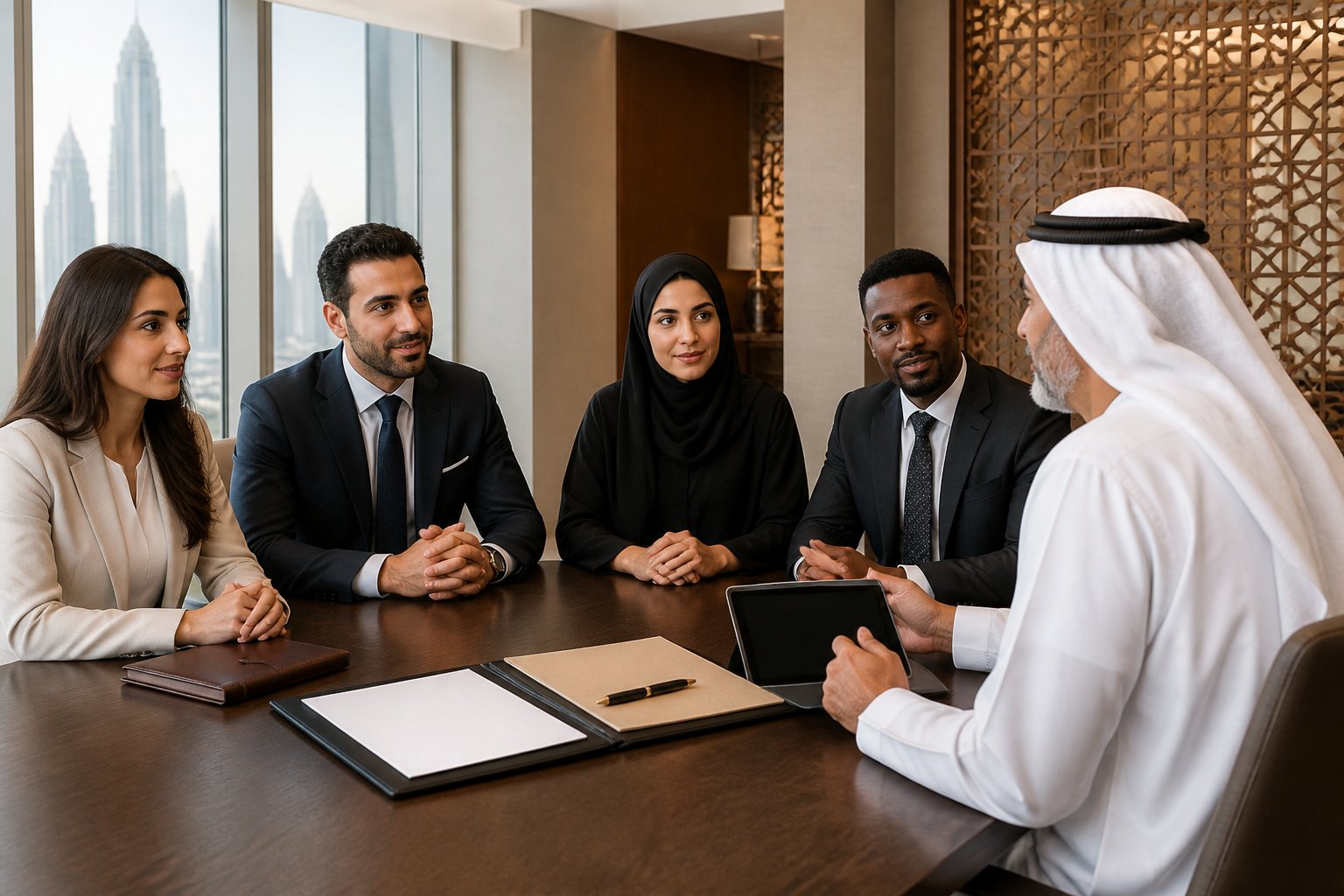 A diverse group of professionals discusses a membership application in a modern UAE office.