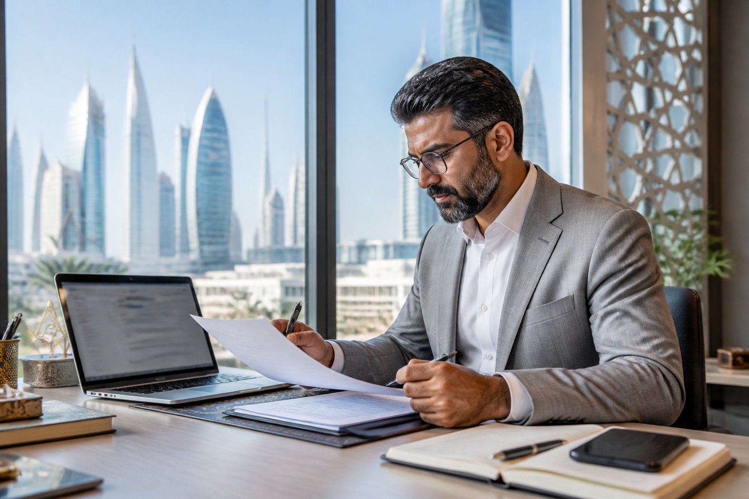 A professional reviews organizational records and online information in a modern UAE office.