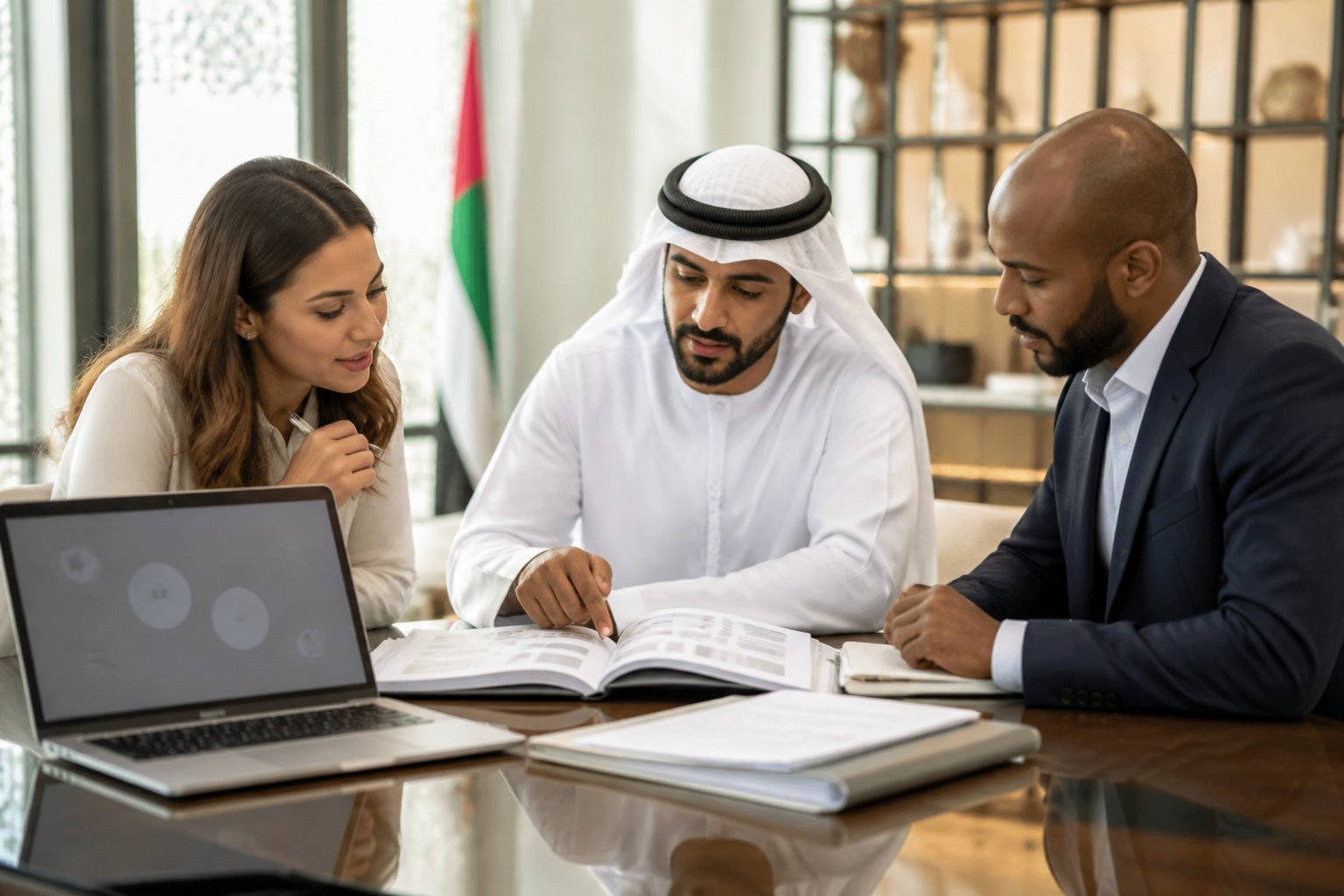 Adults review official-looking documents and online information together in a modern UAE office.
