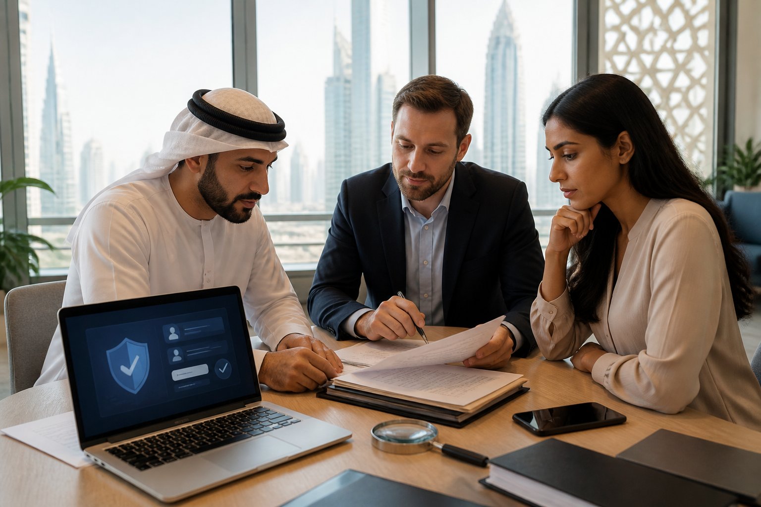 Professionals review organizational records and verification materials together in a modern UAE office.