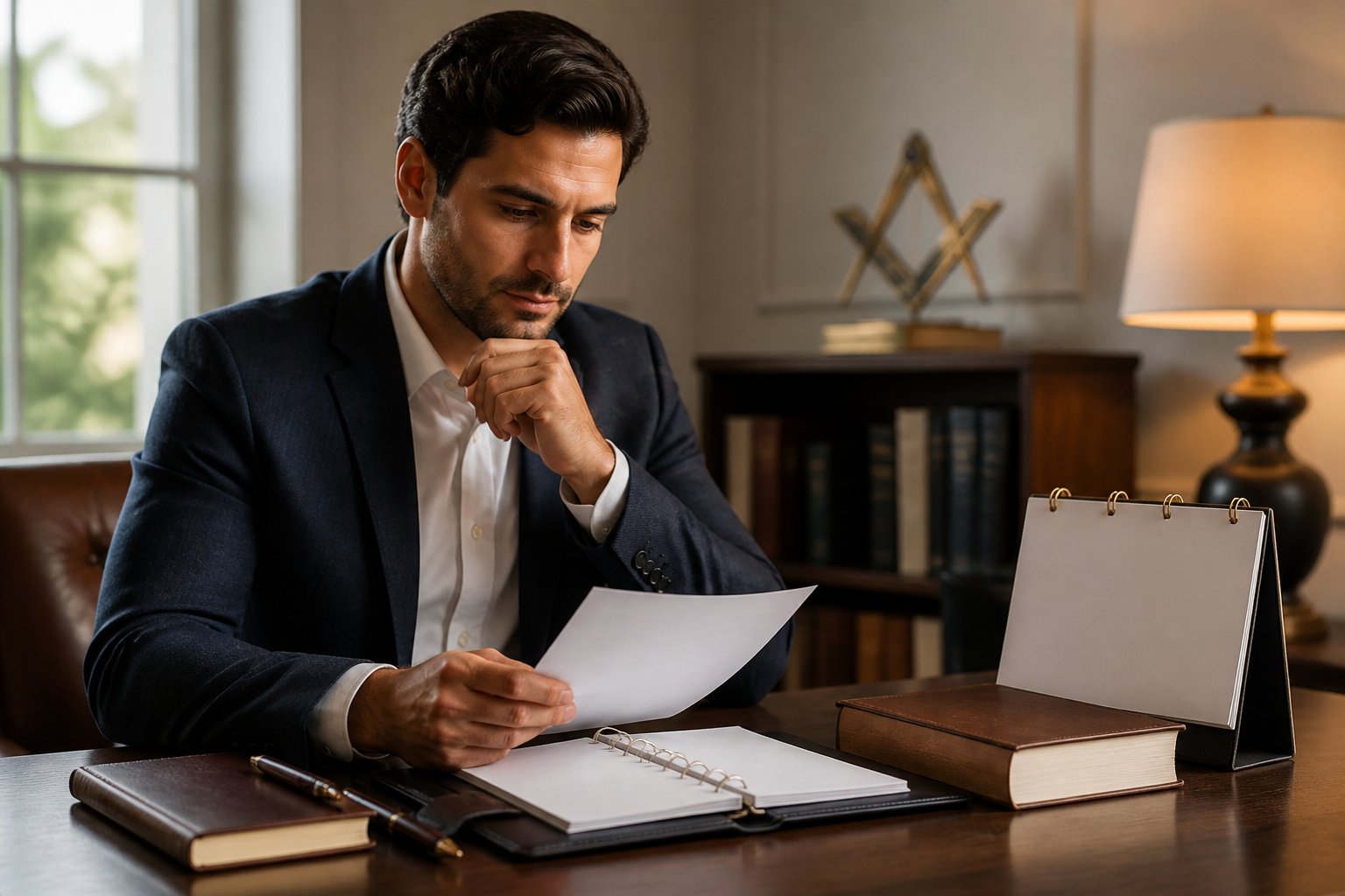 An adult applicant reviews preparation materials at a tidy desk in a warmly lit study.