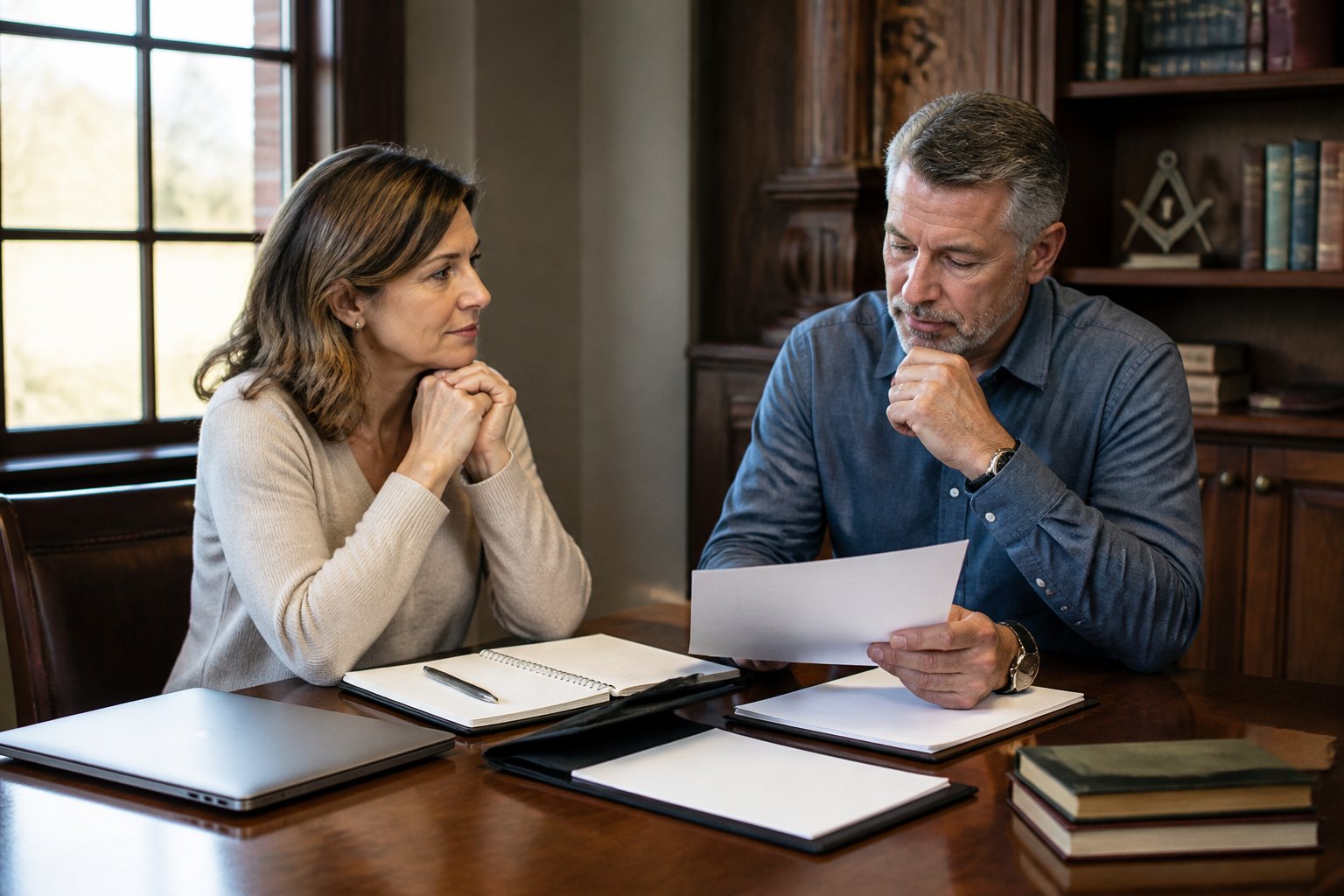 Two adults review blank application materials and discuss joining a fraternal organization in a quiet study.