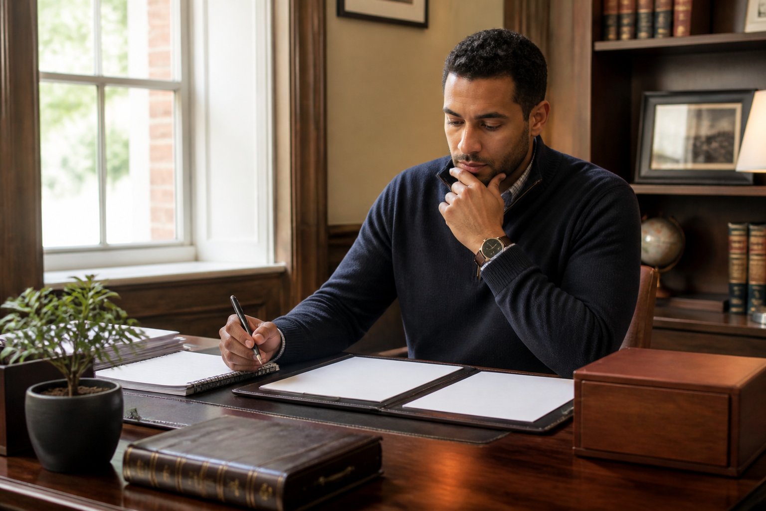 An adult applicant reviews organized papers at a desk in a quiet study while preparing for an application.