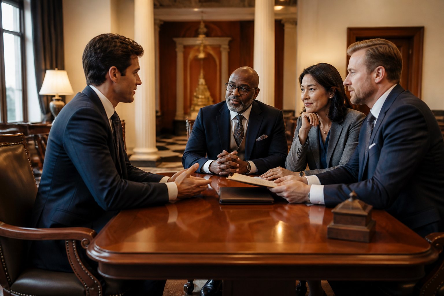 A prospective member meets with lodge representatives to discuss an application in a warmly lit meeting room.
