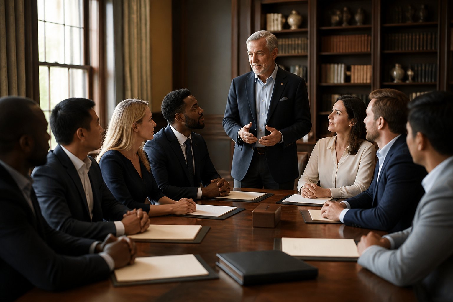 Adults meet in a welcoming room to discuss the early steps of joining a fraternal organization.